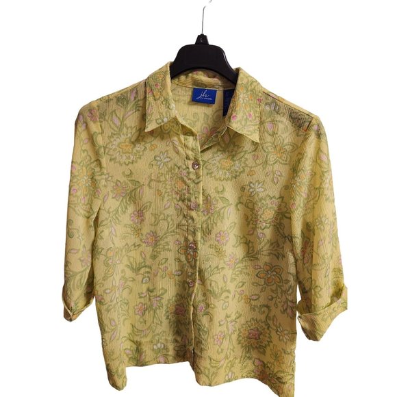 JH Collection Button Shirt Roll Tab Sleeves Sz L Lime Green Abalone Shell Button - Picture 1 of 7